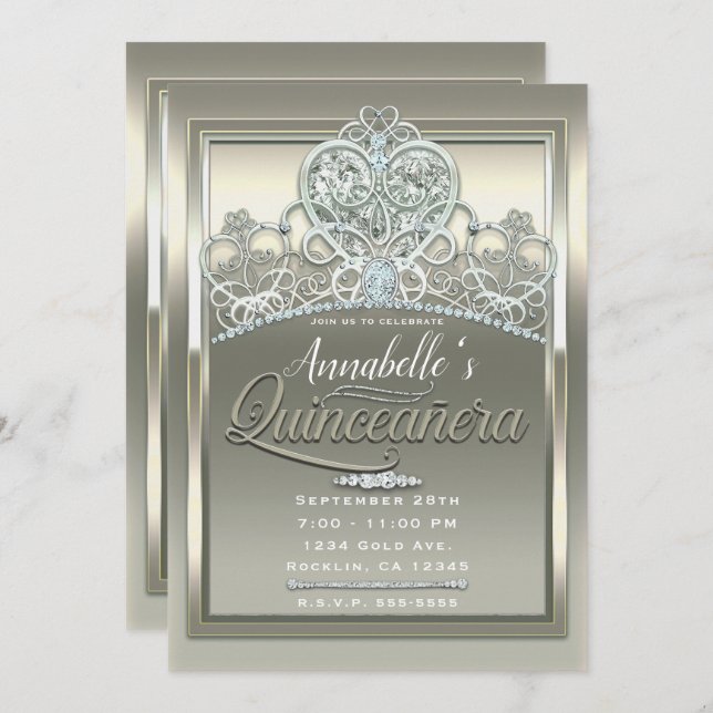 Platinum Ivory Princess Heart Tiara Quinceañera Invitation (Front/Back)