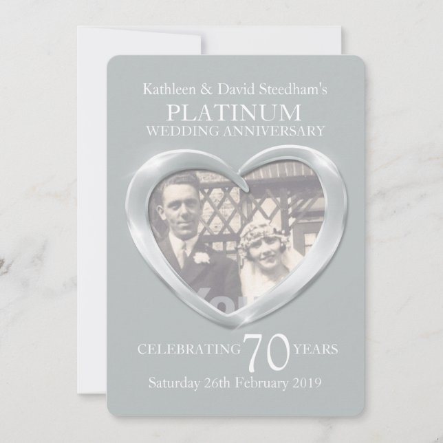 Platinum wedding heart photo 70 years party invite (Front)