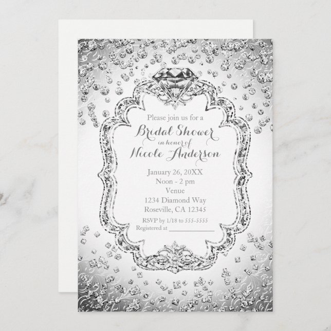 Platinum White Silver Diamond Bling Invitations (Front/Back)