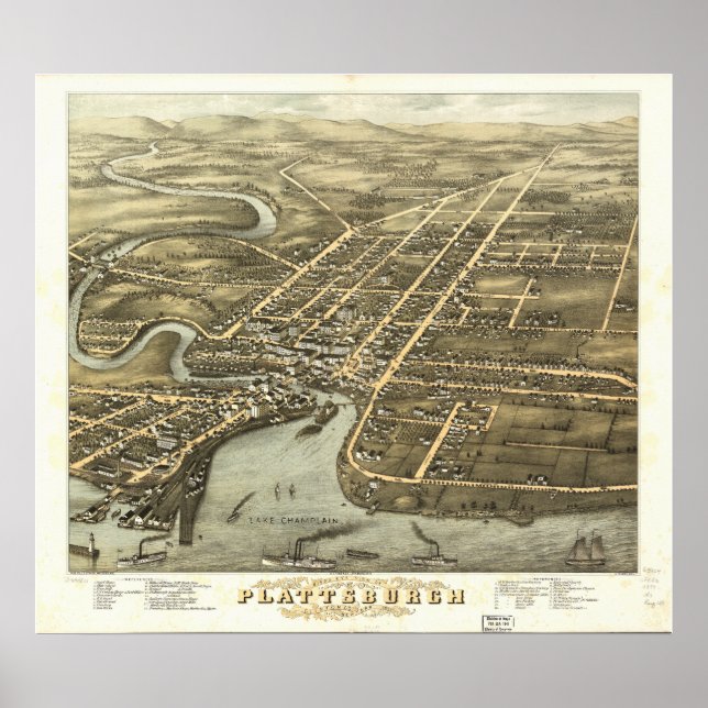 Plattsburgh New York 1877 Antique Panoramic Map Poster (Front)
