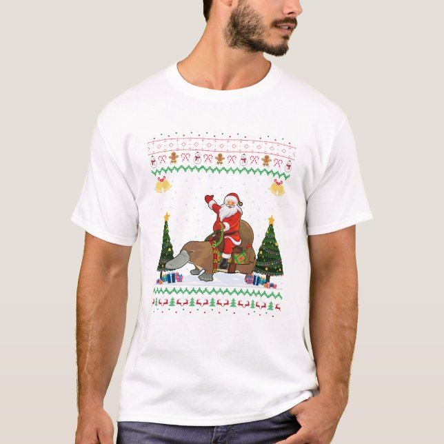 Platypus Ugly Xmas Gift Santa Riding Platypus Chri T-Shirt (Front)