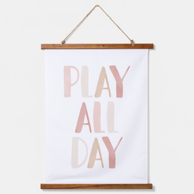 Play All Day Pink Neutral Girls Room Decor Hanging Tapestry (Front)