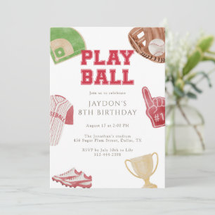 Play Ball Red Baseball Sports Birthday Party Invitation