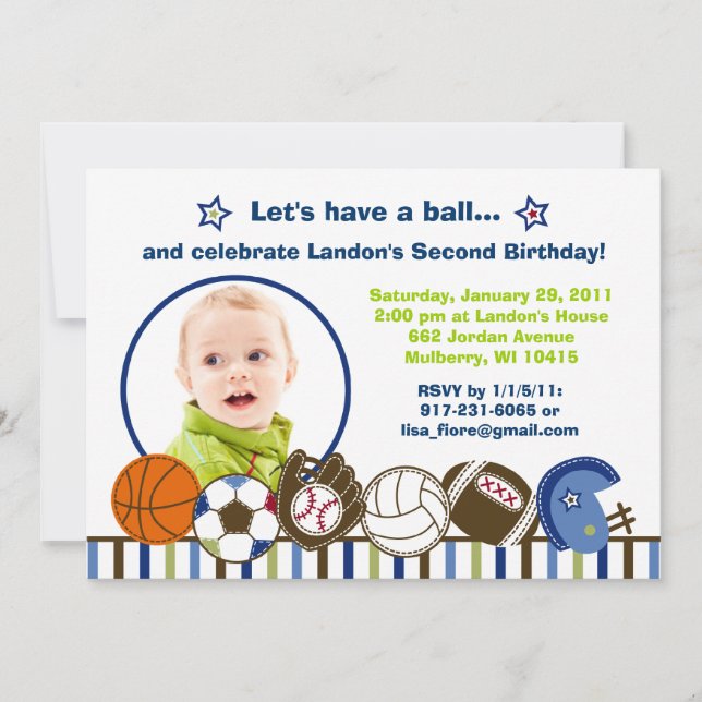 Play Ball Sports Custom Photo Birthday Invitations (Front)