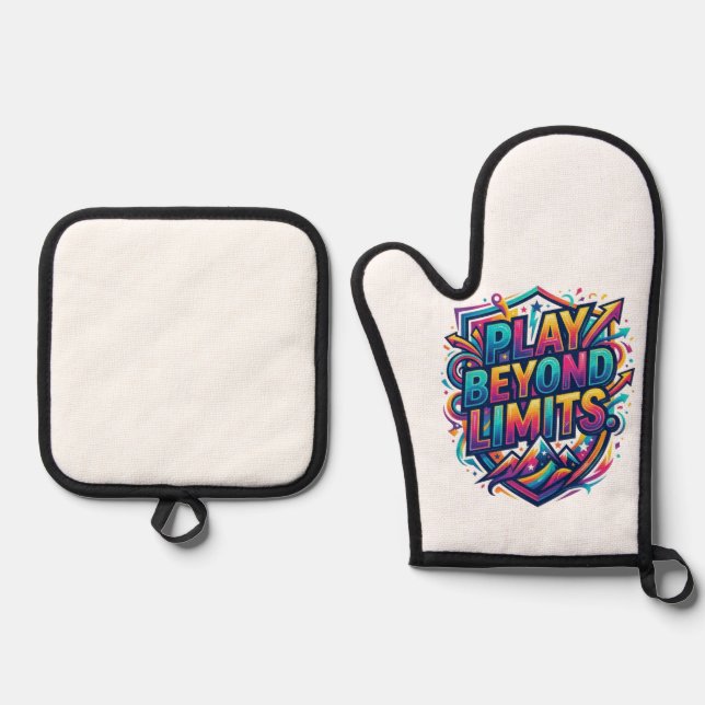 Play Beyond Limits – Minimal Motivational Typograp Oven Mitt & Pot Holder Set (Front)