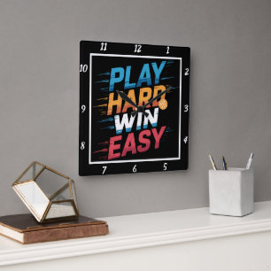Play Hard Win Easy Basketball Square Wall Clock
