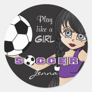 Play Like A Girl   Soccer   Purple and Black Classic Round Sticker