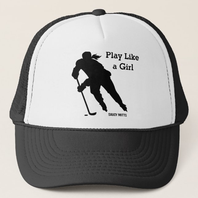 Play Like a Girl Women's Hockey Trucker Hat (Front)