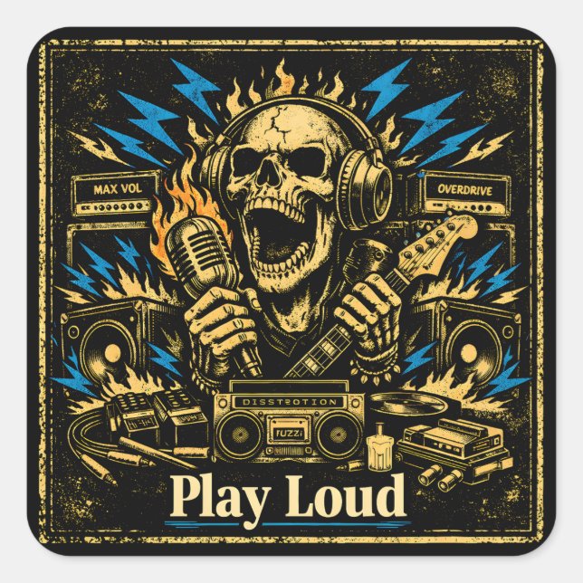 Play Loud – Volume Up Music Rebellion Square Sticker (Front)