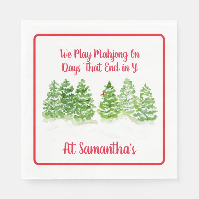 Play MAHJONG Watercolor Winter Trees PERSONALIZE  Napkin (Front)
