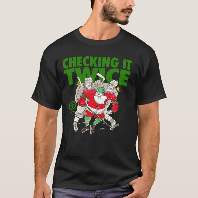 Play Strong Santa Checking It Twice Hockey T-Shirt (Front)