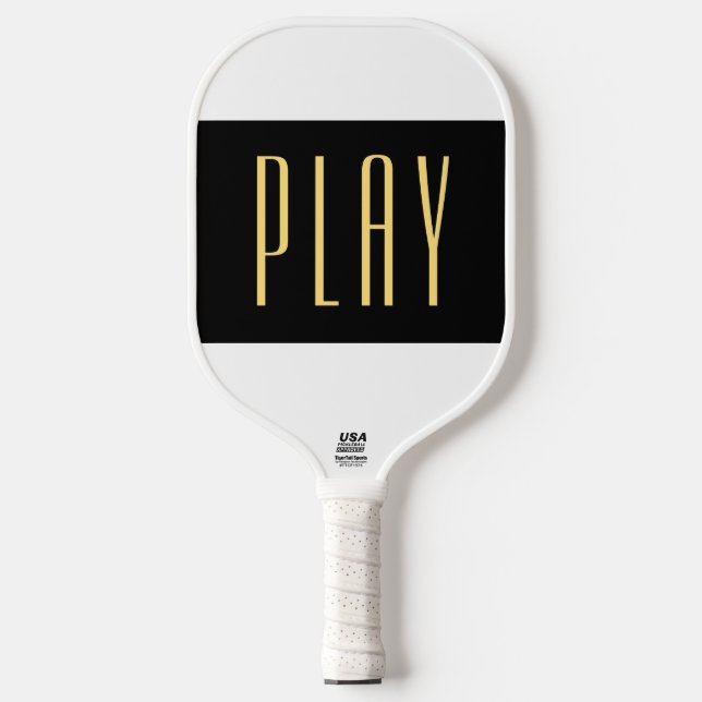 PLAY Text Fun Sporty White Black Wide Stripes Pickleball Paddle (Front)