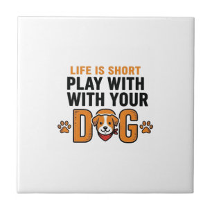 Play With Your Dog Funny Vintage Engraving Design_ Ceramic Tile