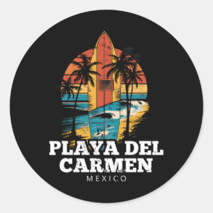 Playa Del Carmen Mexico Surfboard Surfing Retro Classic Round Sticker