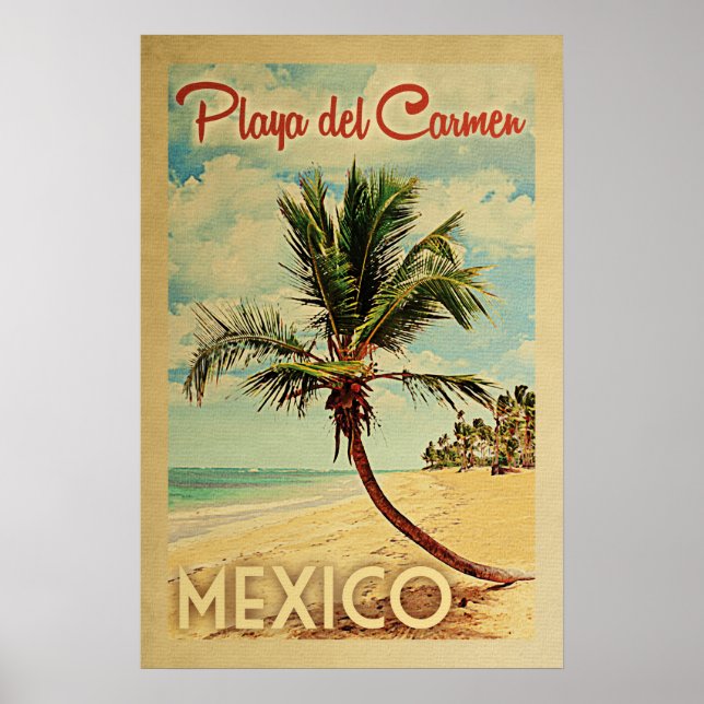 Playa del Carmen Palm Tree Vintage Travel Poster (Front)
