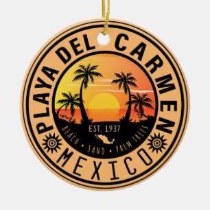 Playa del Carmen Retro Sunset Palm trees 1960s Ceramic Ornament