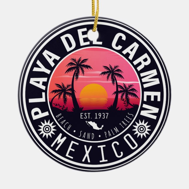 Playa del Carmen Retro Sunset Palm trees 1960s Ceramic Ornament (Front)