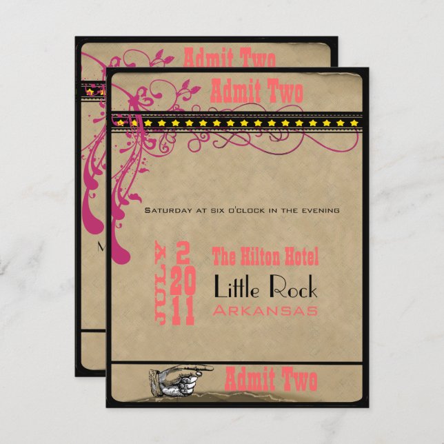 Playbill Ticket RSVP Raspberry Coral and Yellow Invitation (Front/Back)