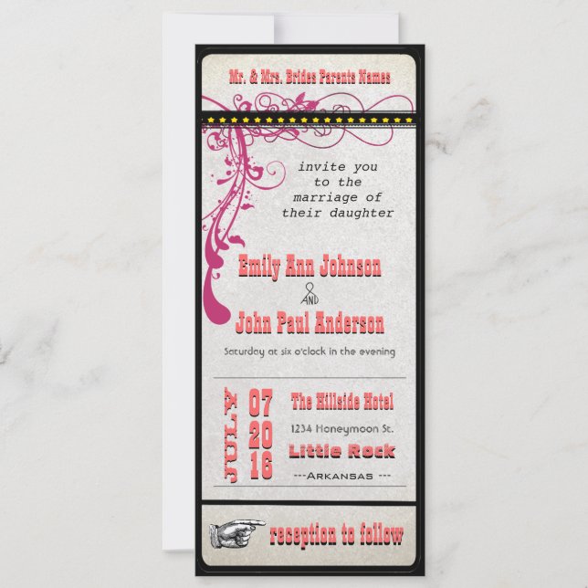 Playbill Ticket Wedding Raspberry Coral and Yellow Invitation (Front)
