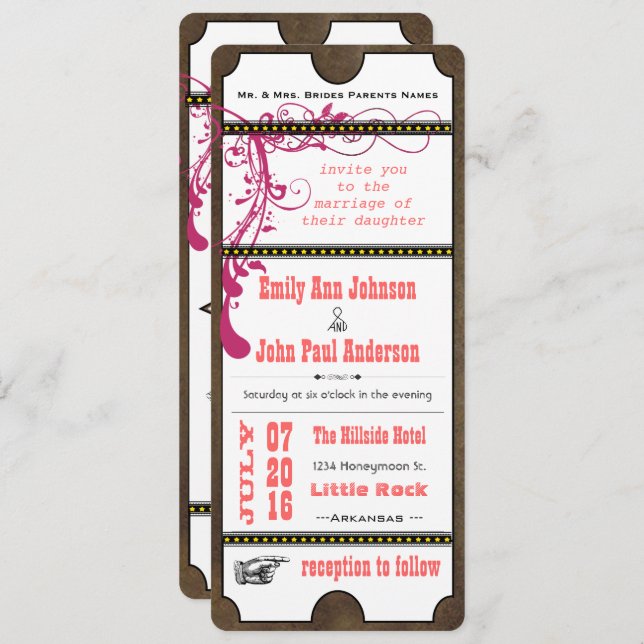 Playbill Ticket Wedding Raspberry Coral and Yellow Invitation (Front/Back)