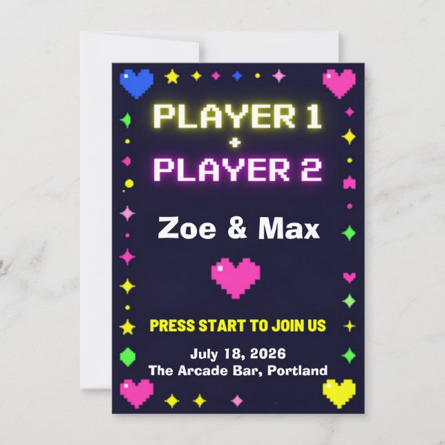 Player 1 Player 2 Retro Gaming Wedding Invitation (Front)