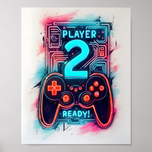 Player 2 Ready Neon Gamer Art Poster