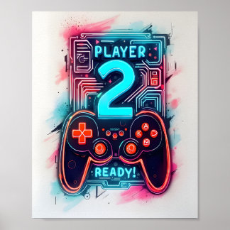 Player 2 Ready Neon Gamer Art Poster
