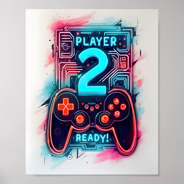 Player 2 Ready Neon Gamer Art Poster (Front)