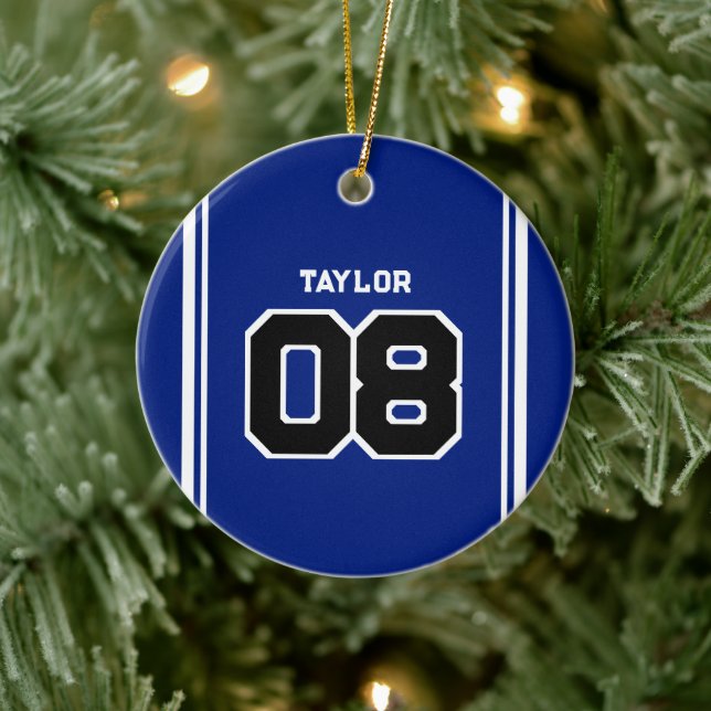 Player Jersey Number Name Blue & White Christmas Ceramic Ornament (Tree)