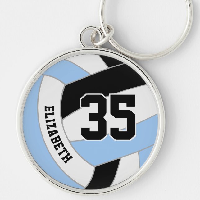 player name jersey number on blue black volleyball key ring (Front)