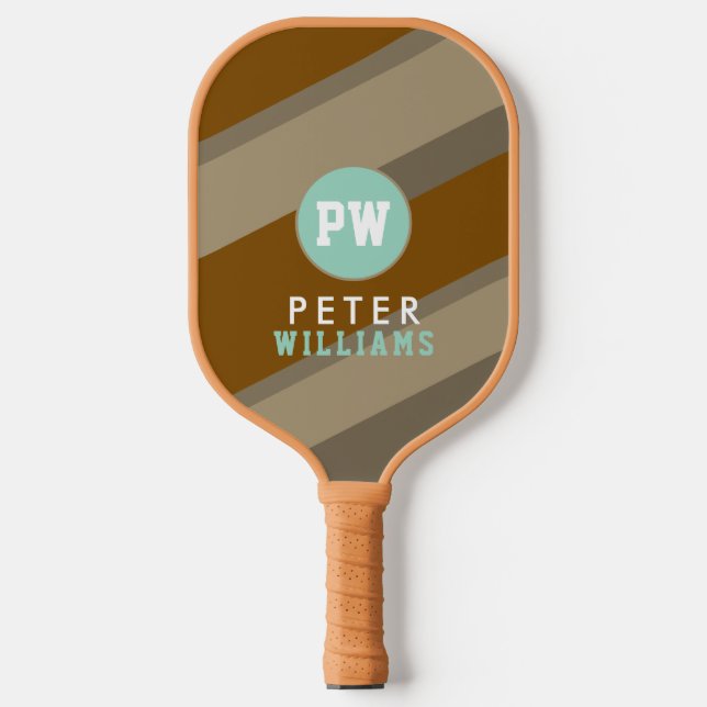 Player's Name Monogram on Striped Tan  Pickleball Paddle (Front)