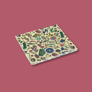 Playful 1980s Doodle Art Pattern Glass Coaster