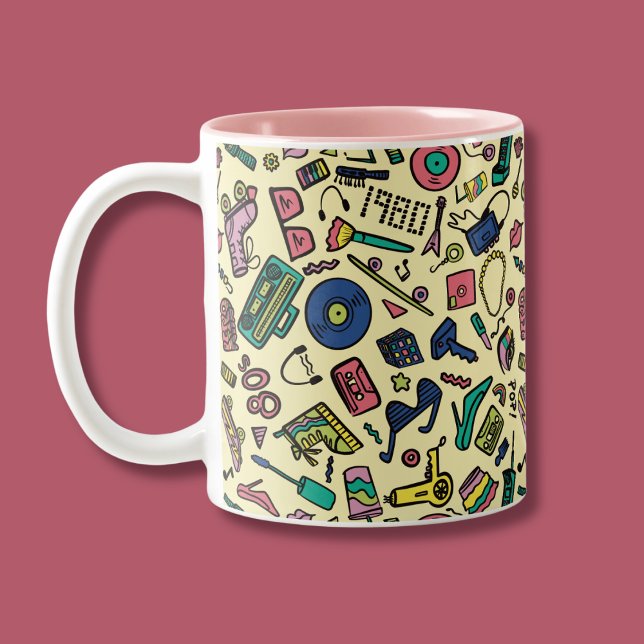 Playful 1980s Doodle Art Pattern Two-Tone Coffee Mug (Creator Uploaded)