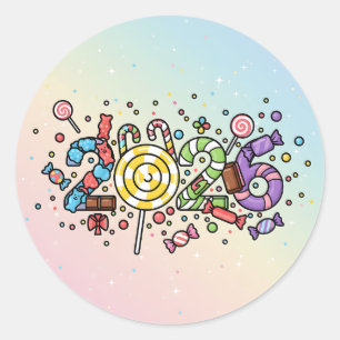 Playful 2026 numbers made of colorful candy treats classic round sticker