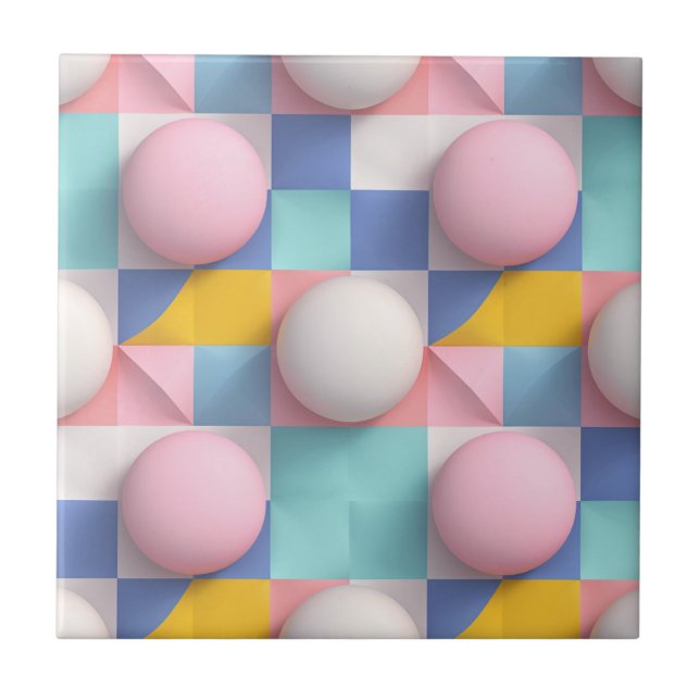 Playful 3D Pastel Spheres and Geometric Pattern Ceramic Tile (Front)