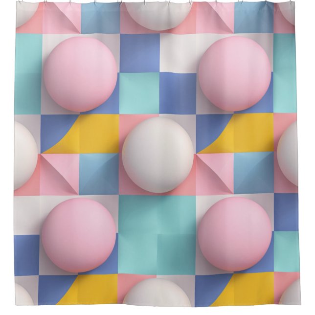 Playful 3D Pastel Spheres and Geometric Pattern Shower Curtain (Front)
