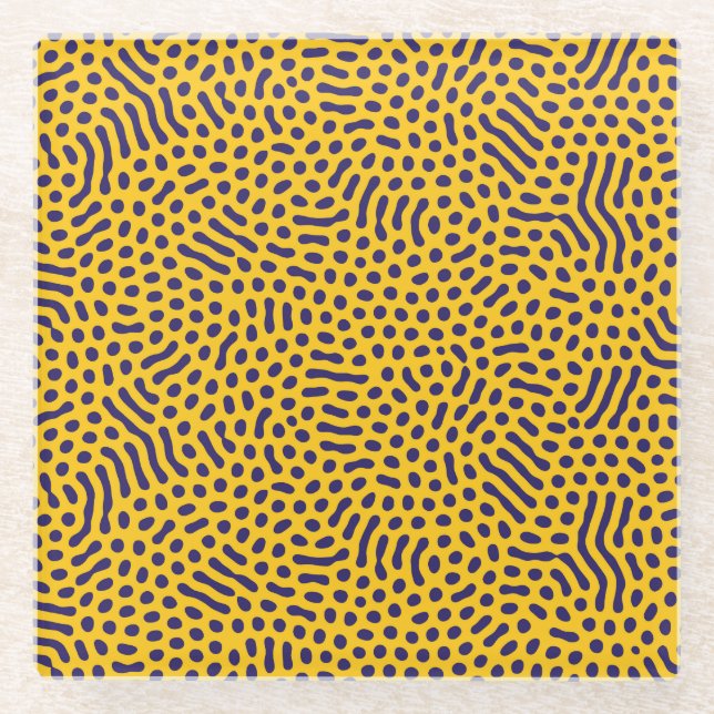 Playful Abstract Pattern: Navy Dots on Yellow Back Glass Coaster (Front)