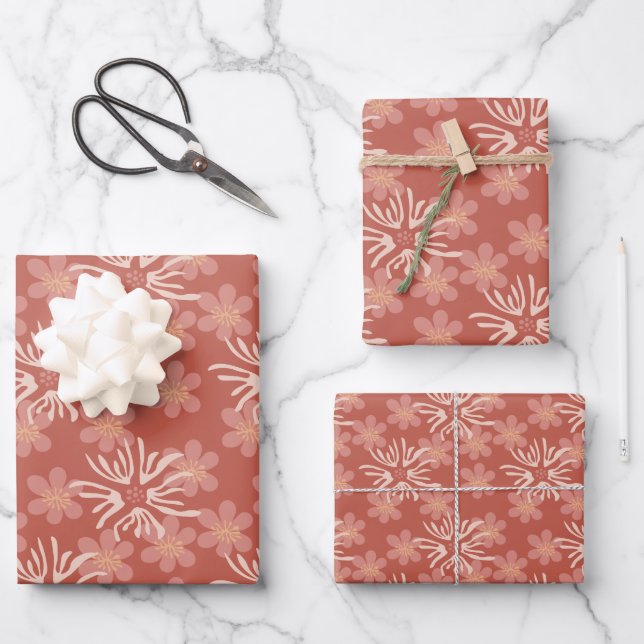 Playful abstract pink and yellow florals wrapping paper sheet (Front)