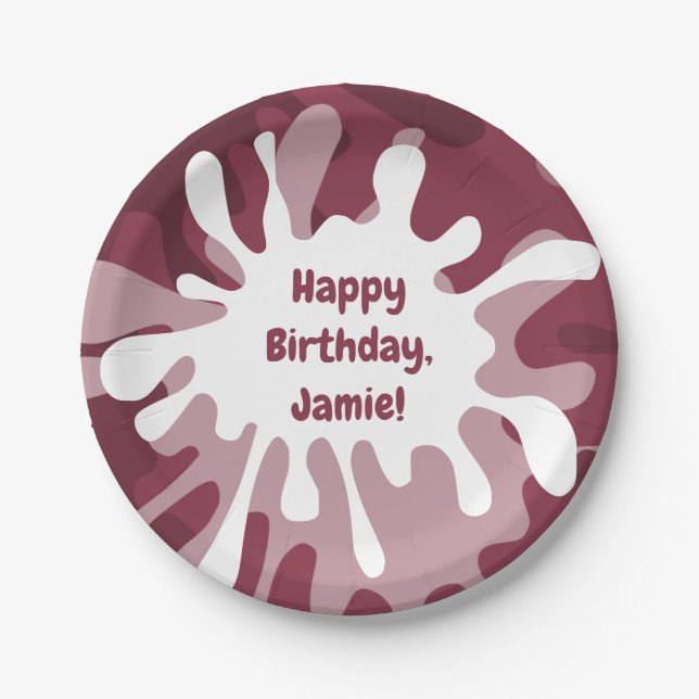 Playful Abstract Red Splatter Painting Birthday Paper Plate (Front)