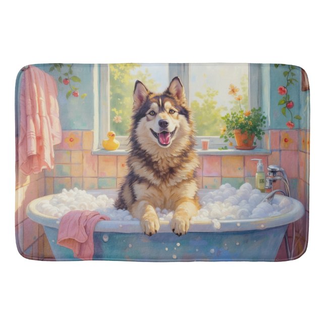 Playful Alaskan Malamute Bath Time Bathroom Decor Mat (Front)