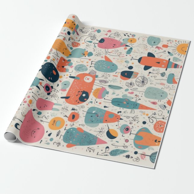 Playful and colourful doodle-style patterns wrapping paper (Unrolled)