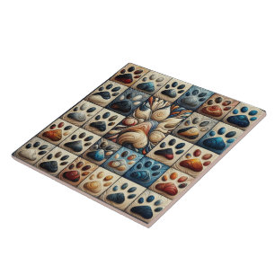 Playful and curious coloured canine paw print ceramic tile