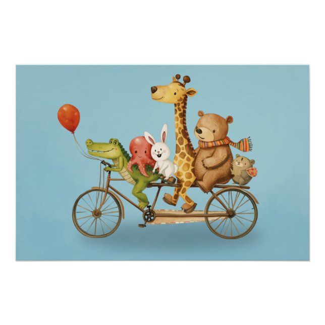 Playful Animal Friends on Bike Illustration Poster (Front)