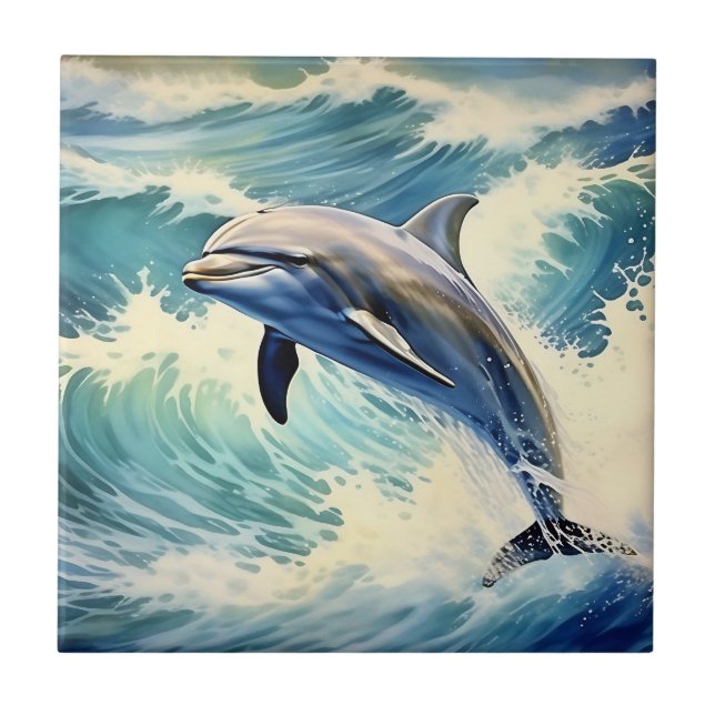 Playful Aquatic Dolphin Ceramic Tile (Front)