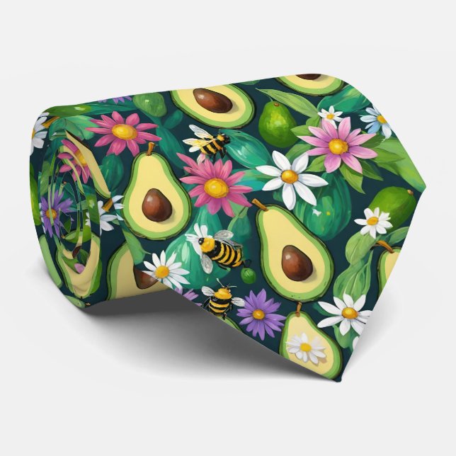 Playful Avocados With Bees and Flowers Tie (Rolled)