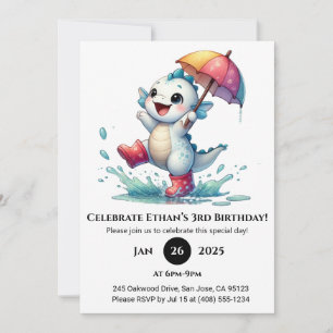 Playful Baby Dragon in Rain Birthday Invitation