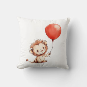 Playful Baby Lion with Red Balloon Cushion