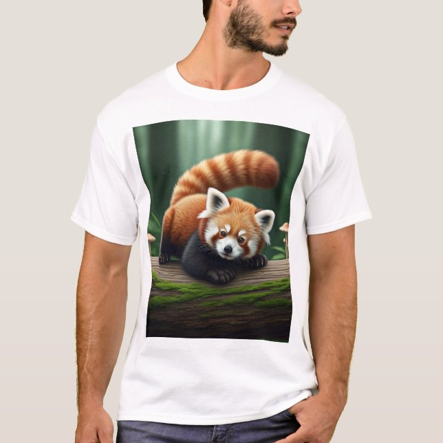 Playful Baby Red Panda on a Log T-Shirt (Front)