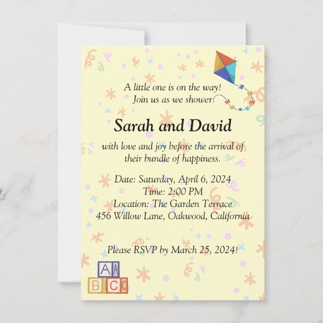 Playful Baby Shower Invitation with Kite and Cubes (Front)