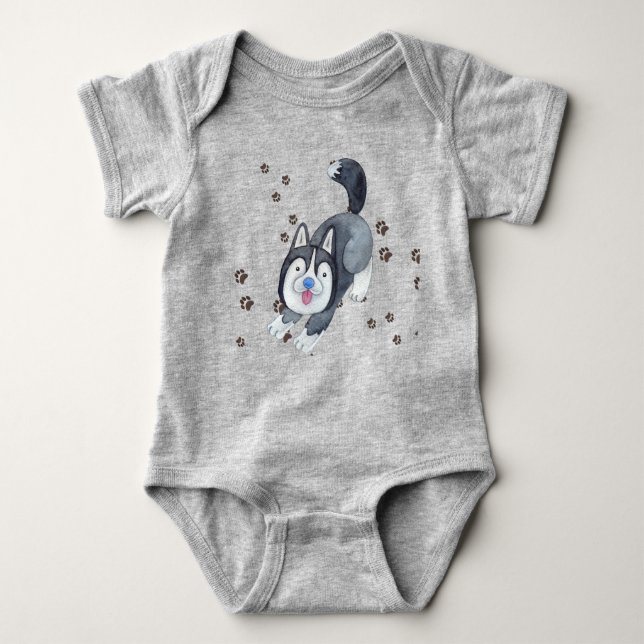 Playful Baby Siberian Husky Puppy Dog Making Track Baby Bodysuit (Front)